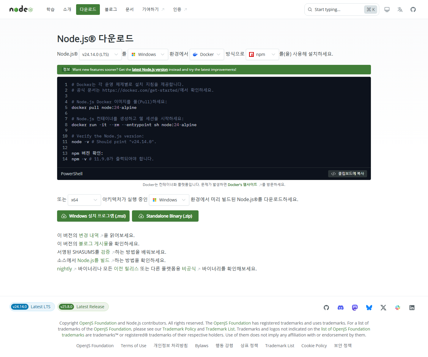 Node.js 설치 화면 예시